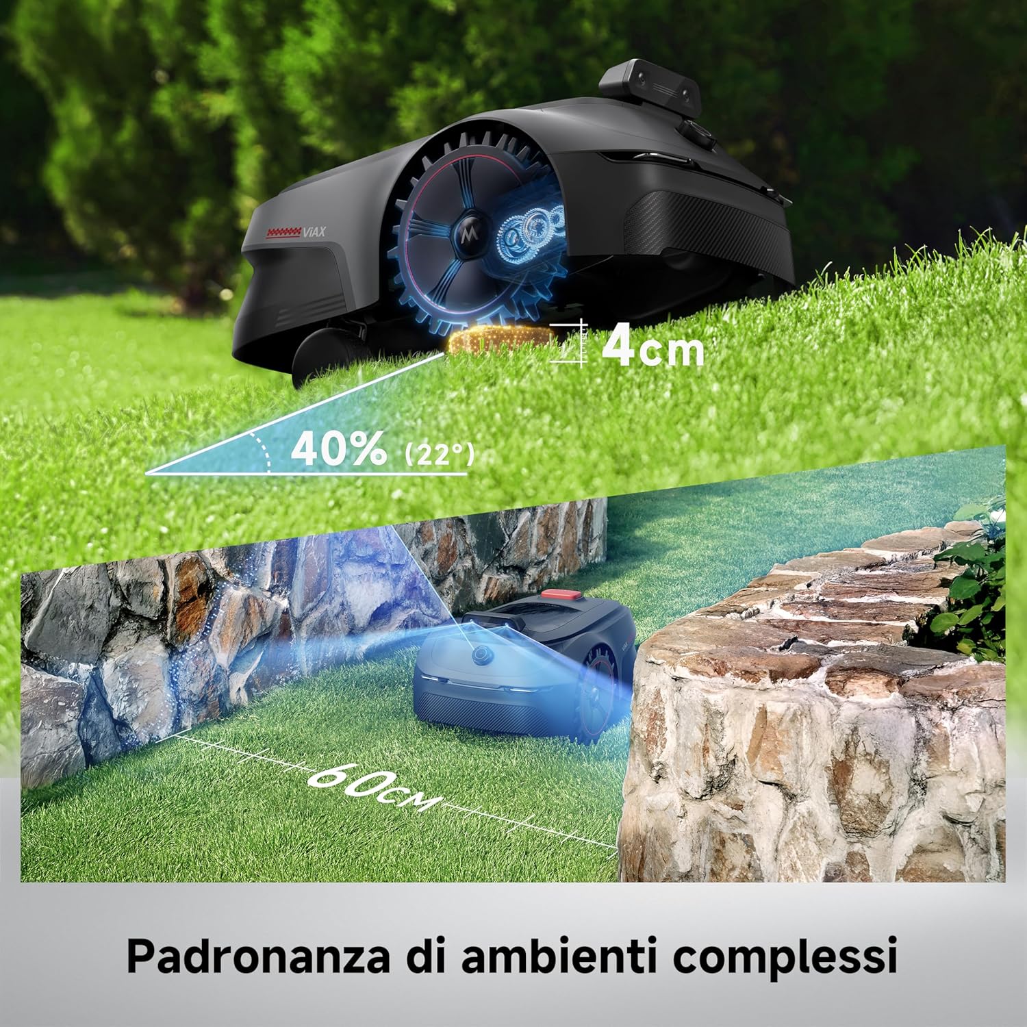 Detalle 2 de MOVA ViAX 500: Robot Tagliaerba con mappatura IA senza fili e gestione multi-zona per giardini fino a 500 m²