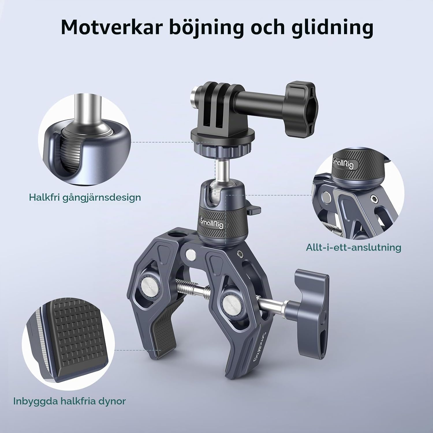 Detalle de SMALLRIG 4102B kameraklämma med kulhuvud, 360° rotation och avtagbar adapter