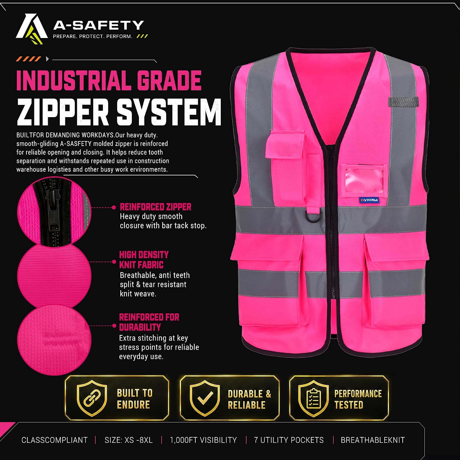 Thumbnail 6 de A-SAFETY Pink Medium Reflective Safety Vest with 7 Pockets and Radio Mic Loop