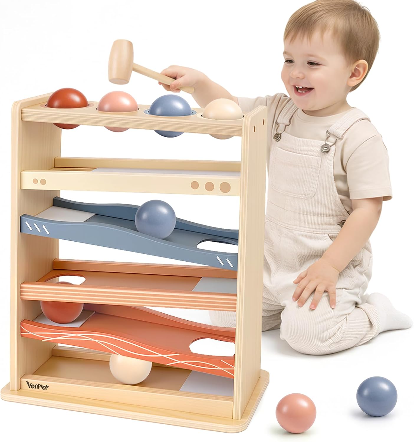 Detalle de Vanplay MZ009 Montessori Wooden Ball Drop Toy with Hammer and 4 Balls