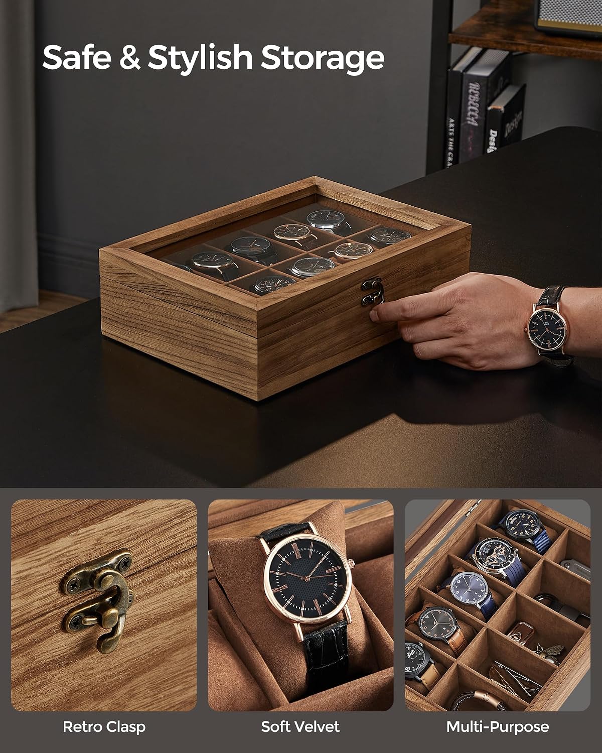 Detalle de SONGMICS JOW100K01 10-slot solid wood watch box with large glass lid