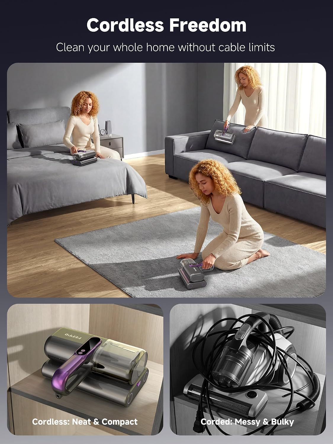 Detalle 2 de FEPPO Cordless Mattress Vacuum Cleaner, 18 kPa Suction