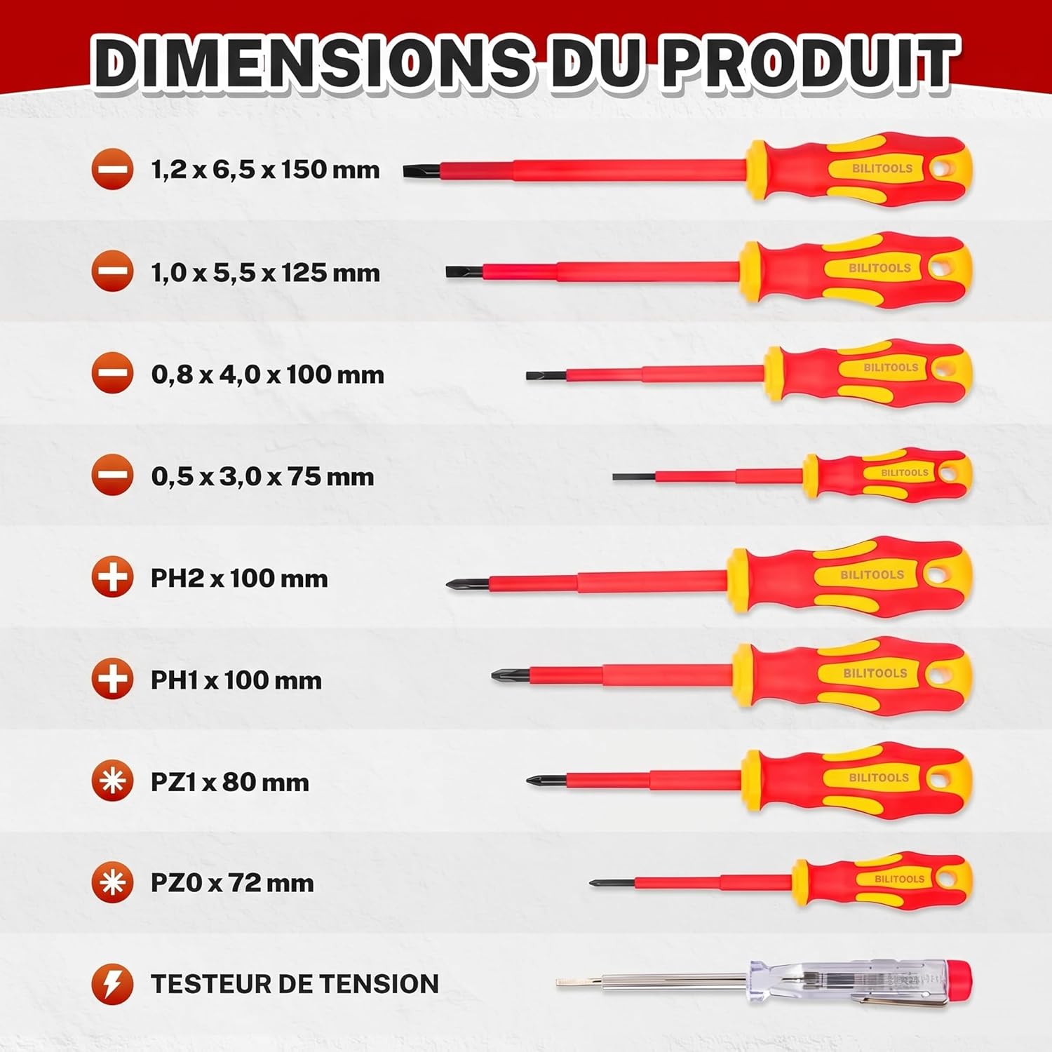 Detalle de BILITOOLS Tournevis Électricien 9 Pièces – Coffret isolé 1000V avec testeur de tension