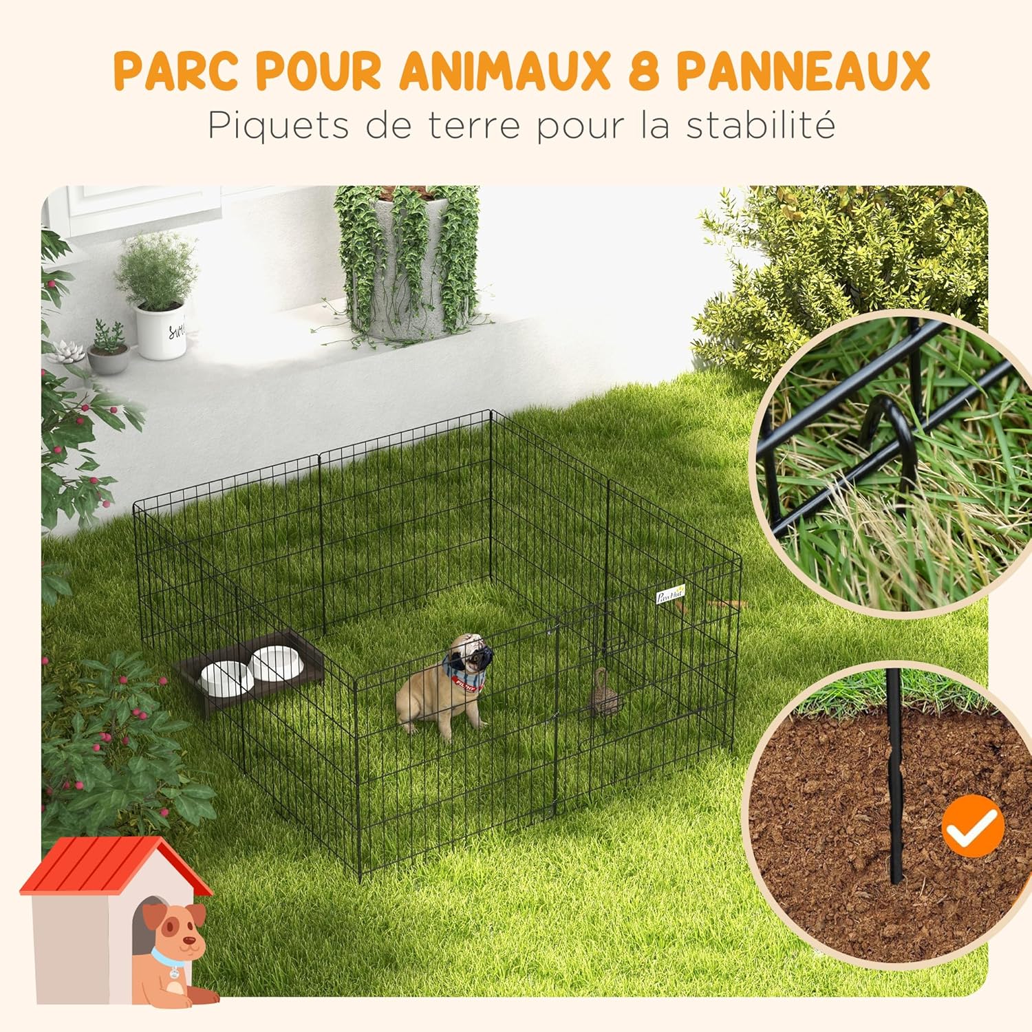 Detalle de Parc modulable PawHut pour chiens et petits animaux – 8 panneaux en métal noir, pliant et verrouillable (61 x 61 cm par panneau)