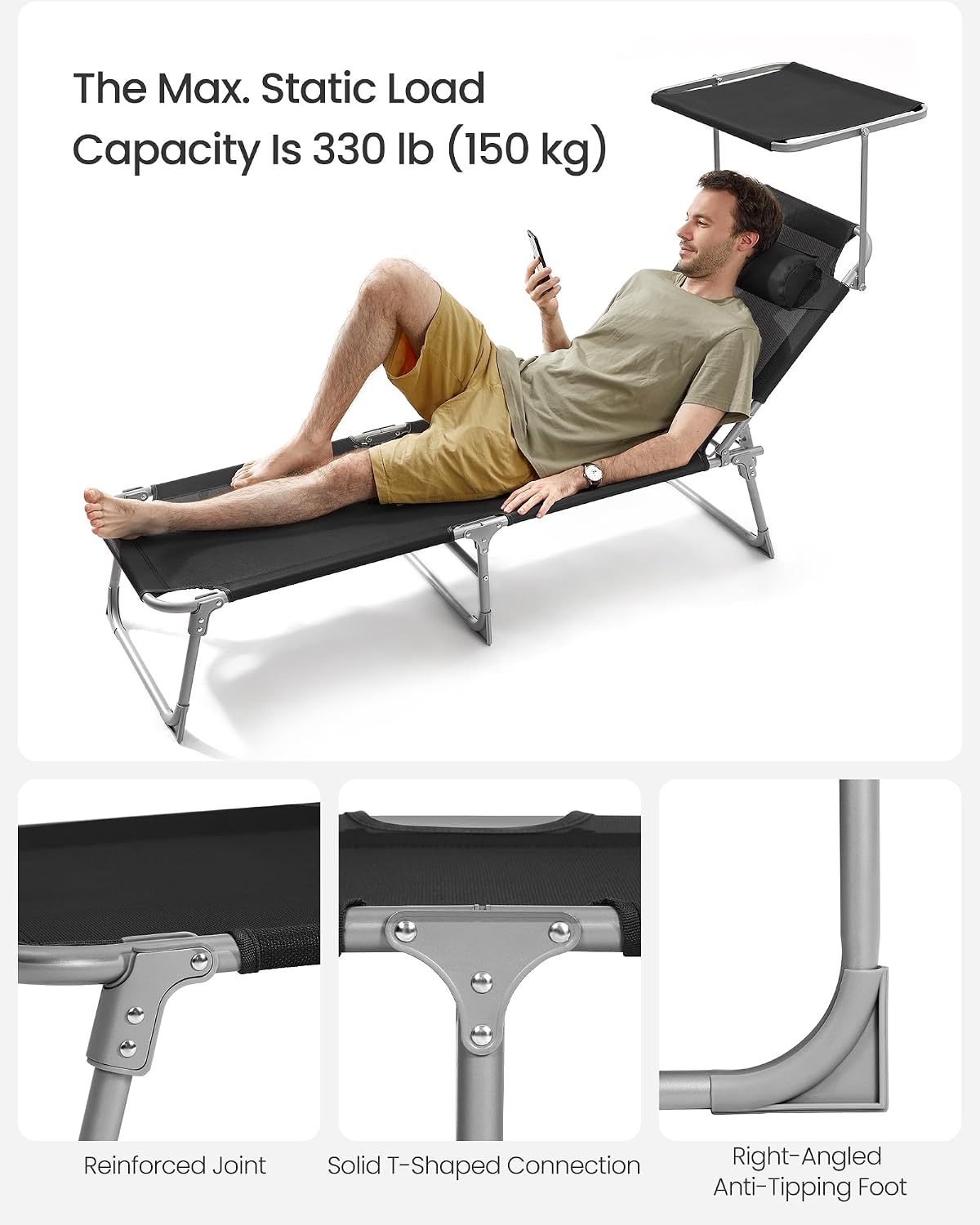 Thumbnail 6 de SONGMICS UGCB192B01 Folding Sun Lounger with Adjustable Backrest and Sunshade