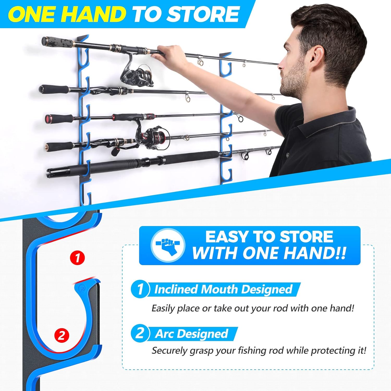 Detalle de PLUSINNO H5 Horizontal Fishing Rod Holders for Garage (Wall/Ceiling Mounted, Up to 5/10/20 Rod Storage)