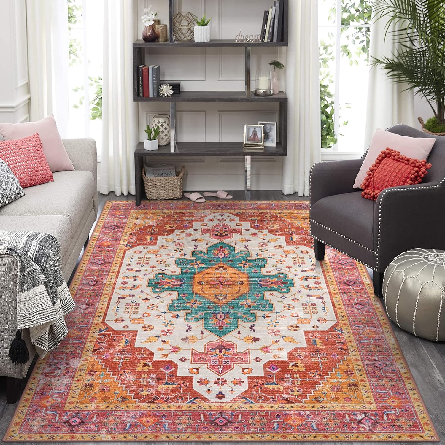 Thumbnail 5 de Moynesa Ultra-Thin Pink 9x12 Area Rug: Non-Slip, Low-Pile Vintage Floral for Busy Spaces
