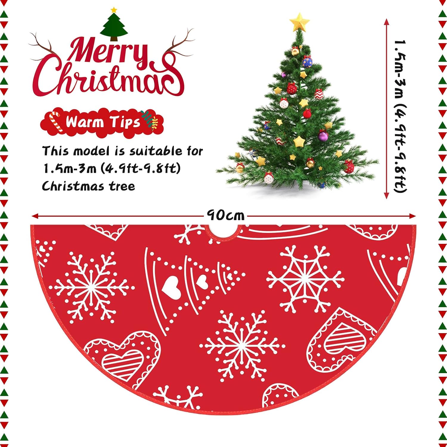 Detalle de Figarge Weihnachtsbaumdecke (90 cm) mit Schneeflocken-Muster und Bindekordeln – rund, Rot