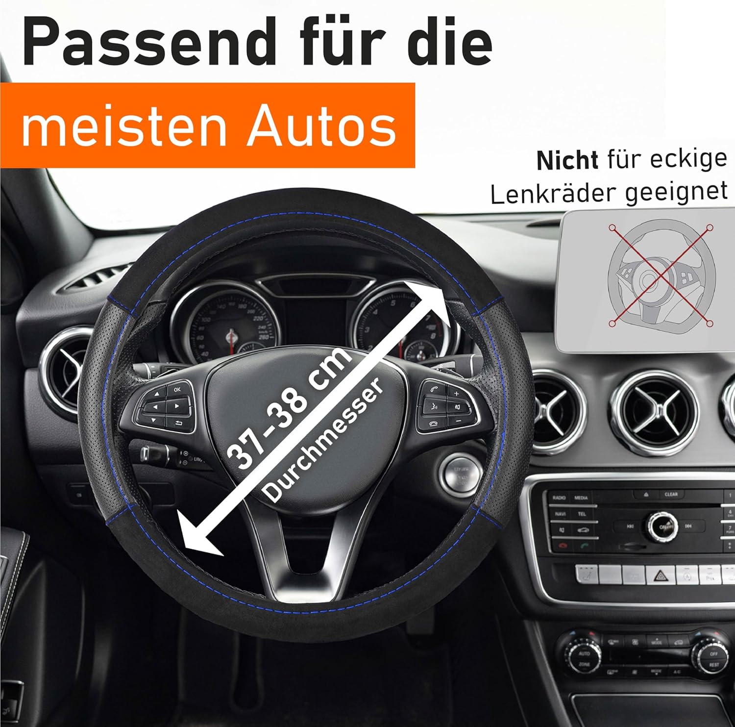 Detalle de Upgrade4cars Lenkradbezug Schwarz-Blau (Leder-Optik) universal für 37–39 cm