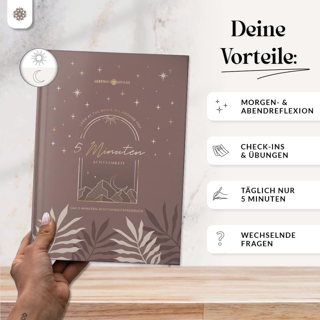 Detalle de LEBENSKOMPASS 5 Minuten Achtsamkeitstagebuch „Hazel“ – Journal für Dankbarkeit, Achtsamkeit, Selbstliebe & Motivation (DIN A5)