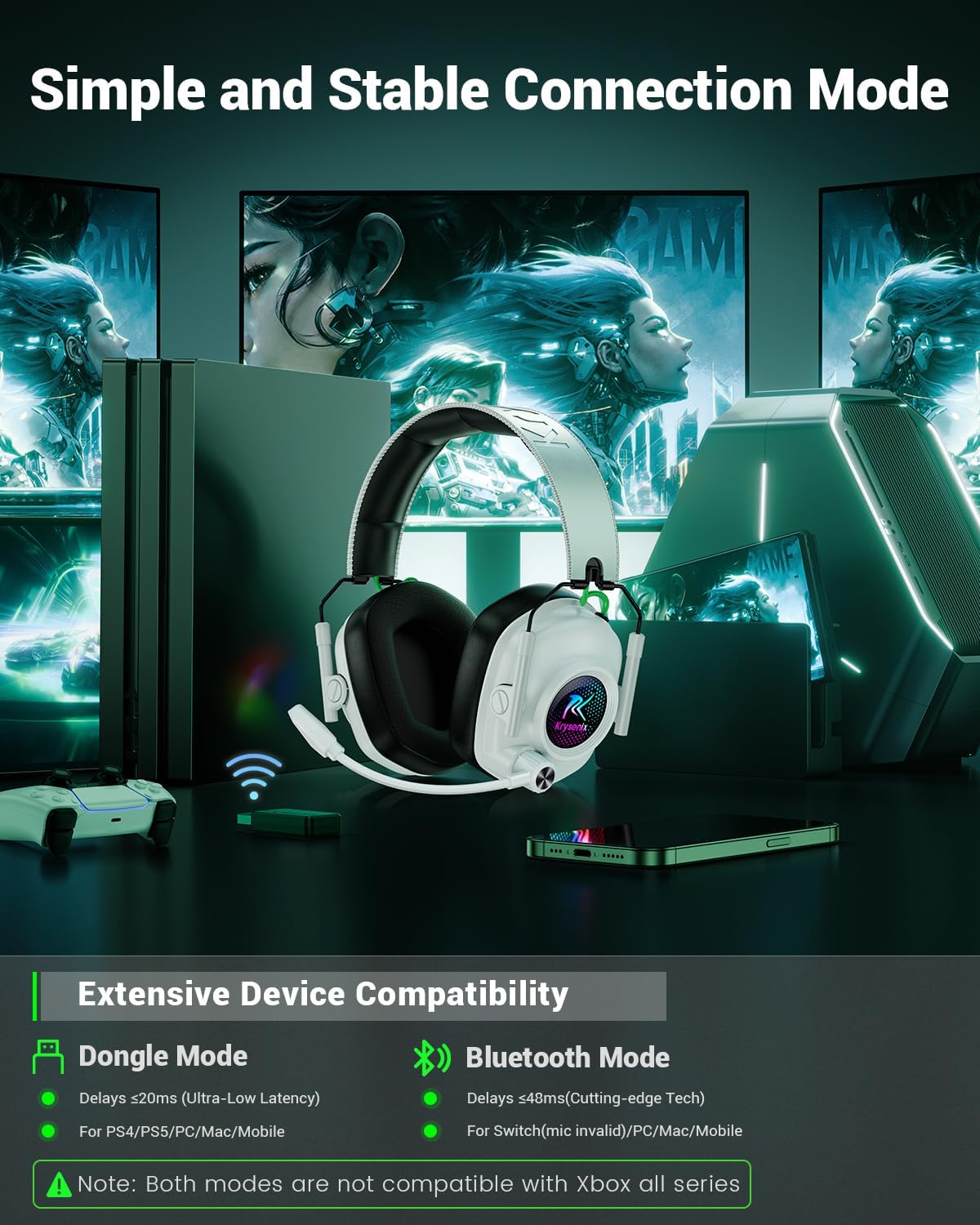 Thumbnail 6 de Krysenix KGH2 Wireless Gaming Headset, 50mm Drivers, 2.4GHz & Bluetooth 5.4