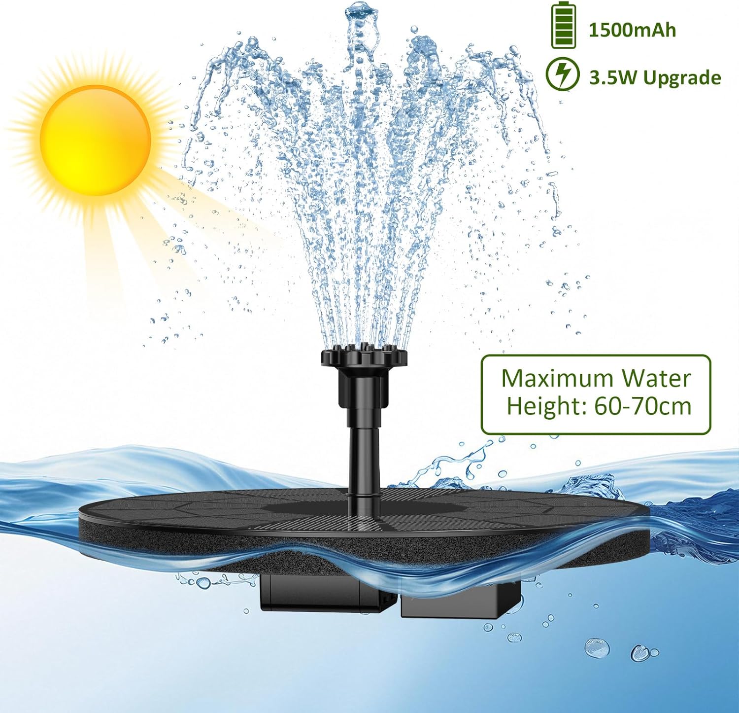 Detalle de AISITIN Solar Fountain 3.5W Circle Solar Water Pump with Built-in Battery and 10 Spray Nozzles
