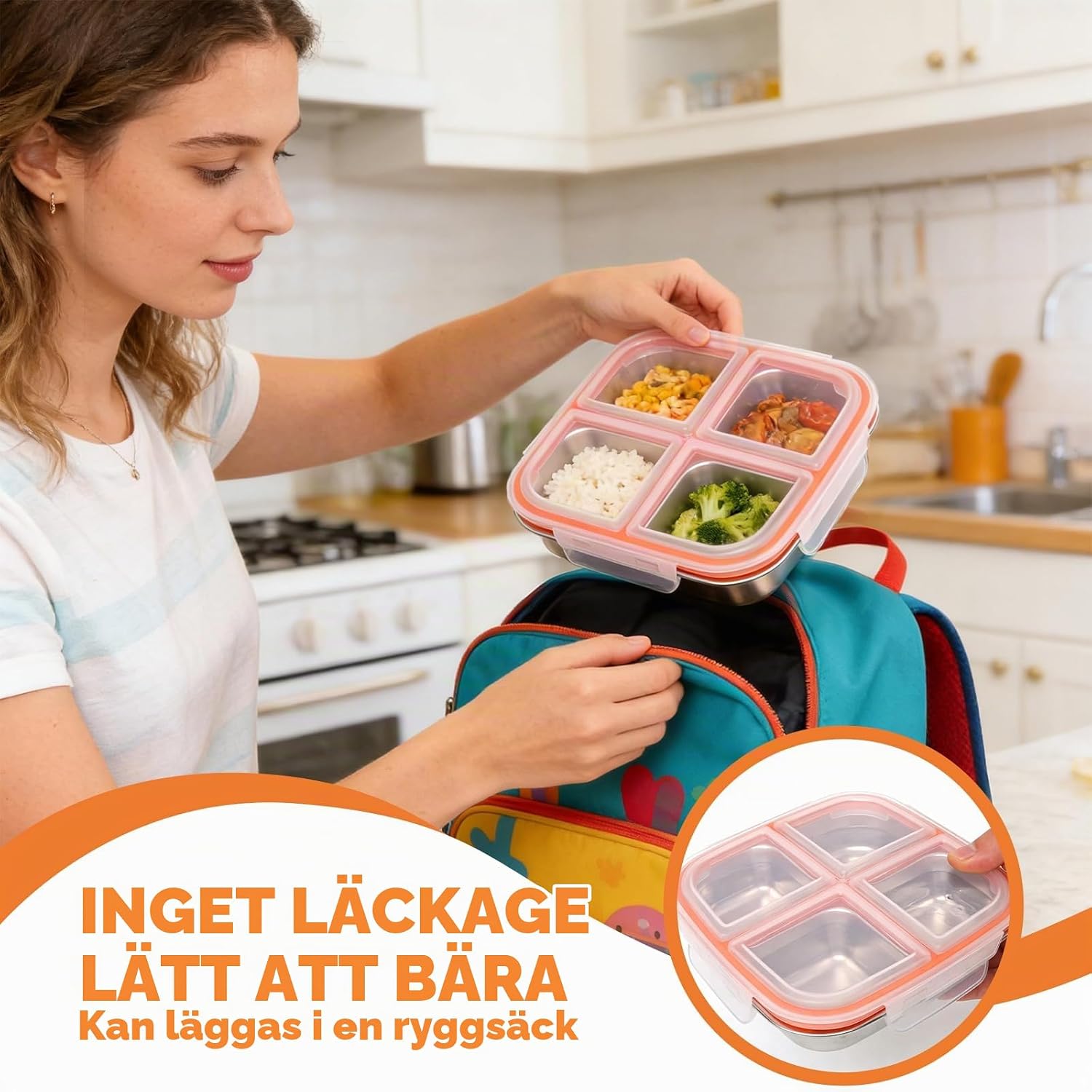 Detalle de Ouxayapl snackslådor i rostfritt stål, 2-pack, 600 ml med fyra fack