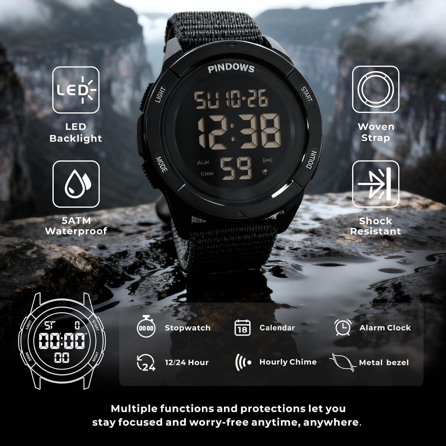 Detalle de PINDOWS Mens Digital Watch: 50m Waterproof, Army-Grade Durability with Velcro Strap