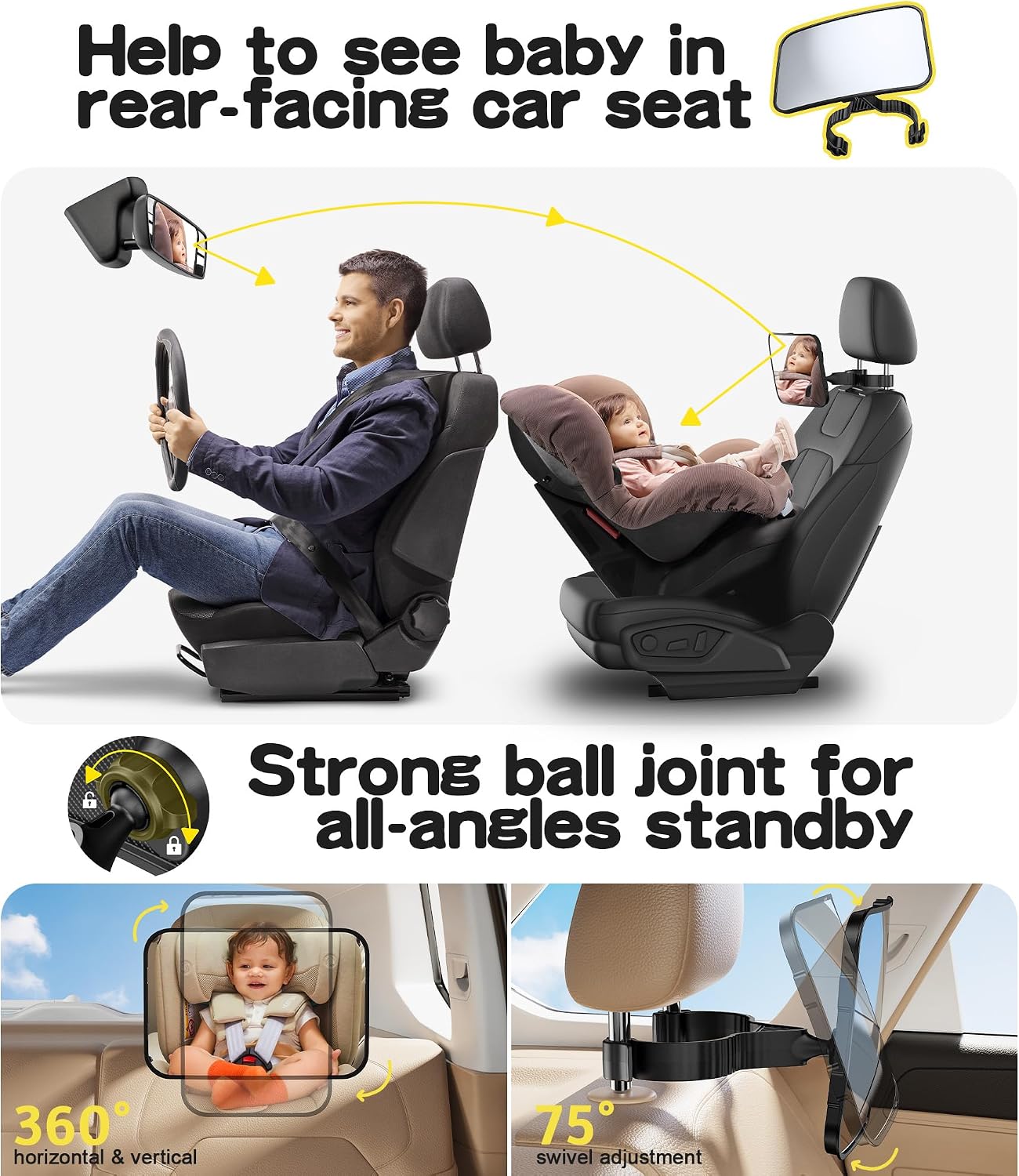 Thumbnail 6 de TAZENI BBJ-20 Baby Car Mirror for Rear-Facing Seats, 360° View, Hook Clip