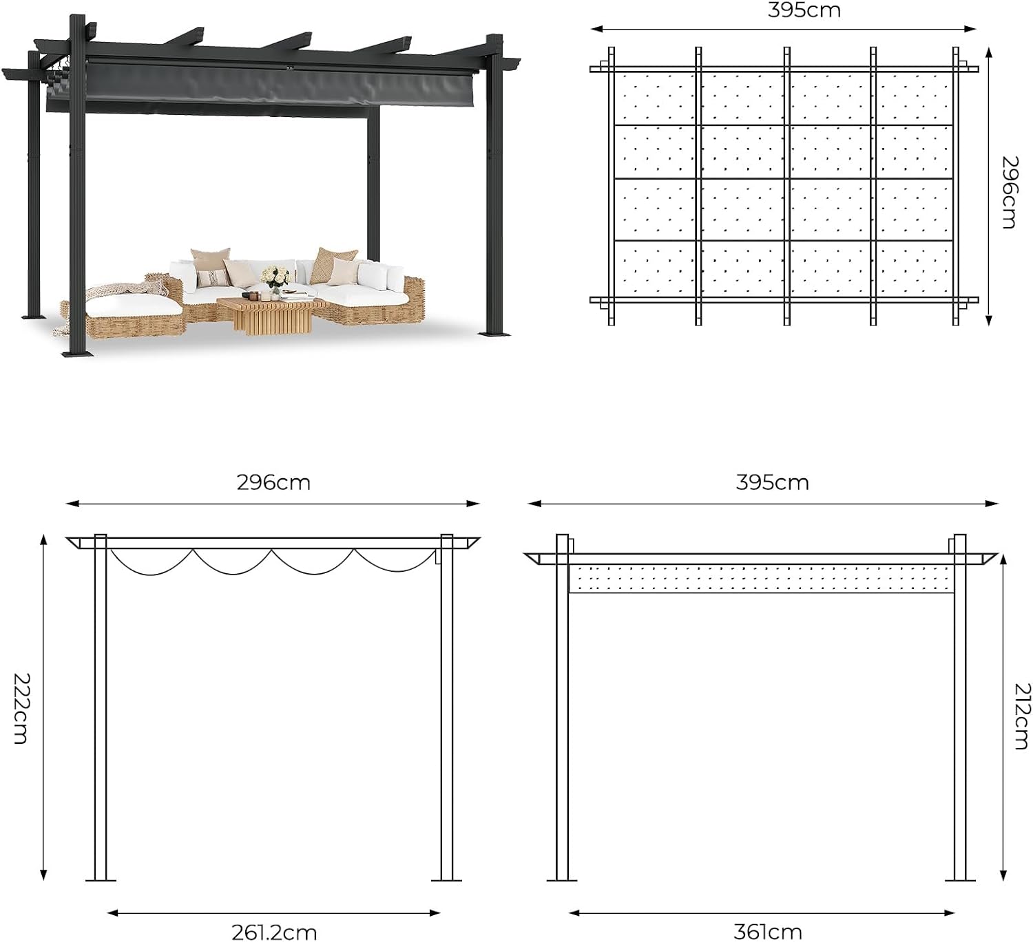 Detalle de TRIUMPHKEY Pergola Pavillon 3x4 m wasserdicht, Aluminium mit Schiebedach – Winterfest, grau