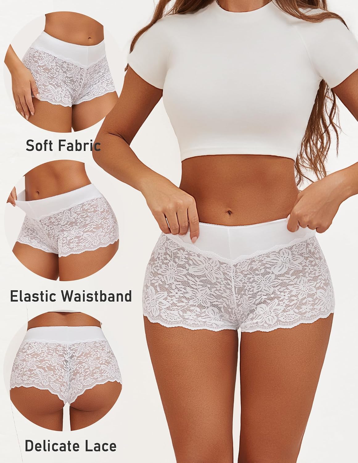 Detalle 2 de ALL OF SHE Lace Boyshort Panties, 5-Pack Plus Size with Cotton Waistband