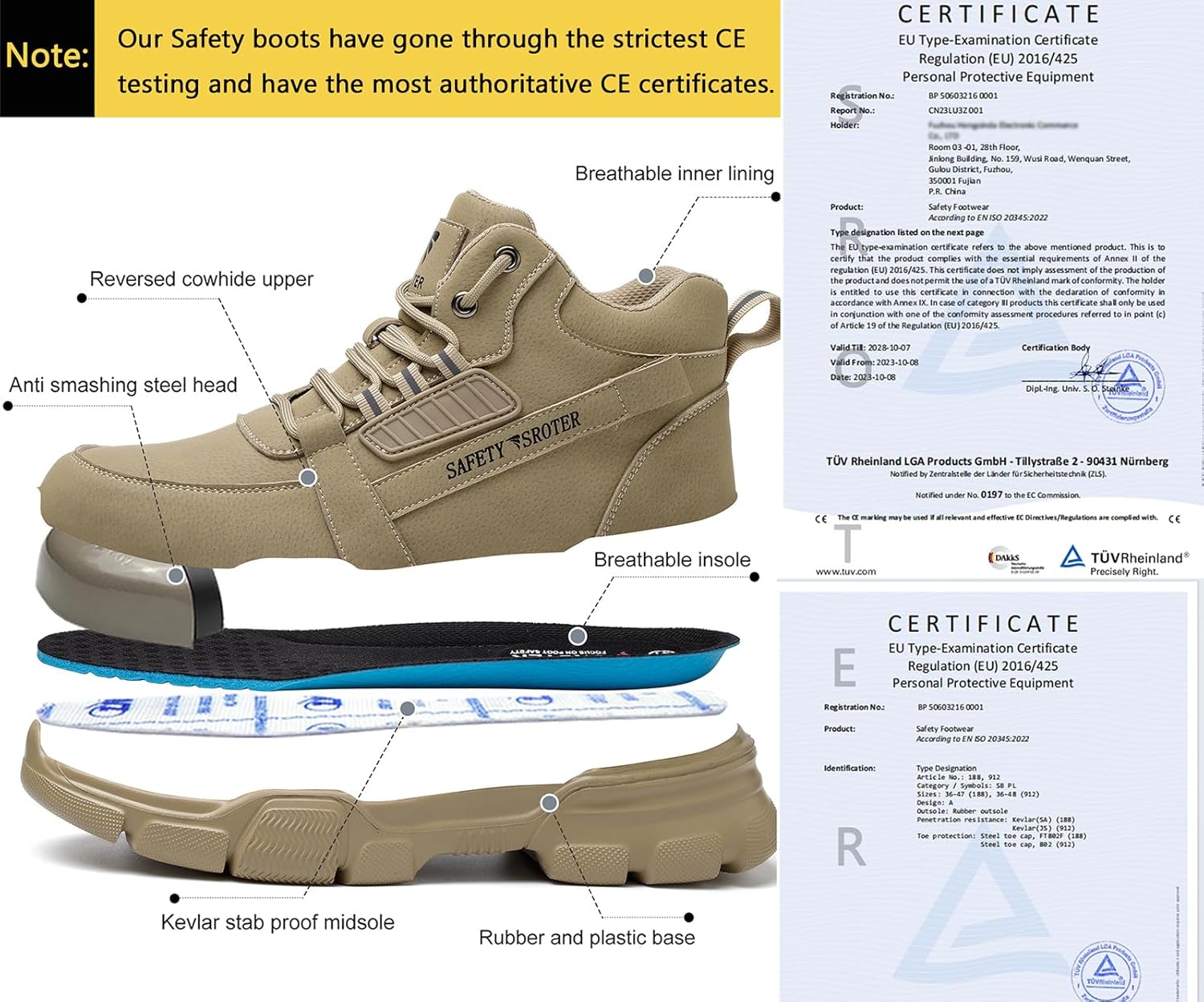 Detalle de SROTER Steel Toe Cap Boots for Men and Women – Waterproof, Breathable, Lightweight Safety Shoes