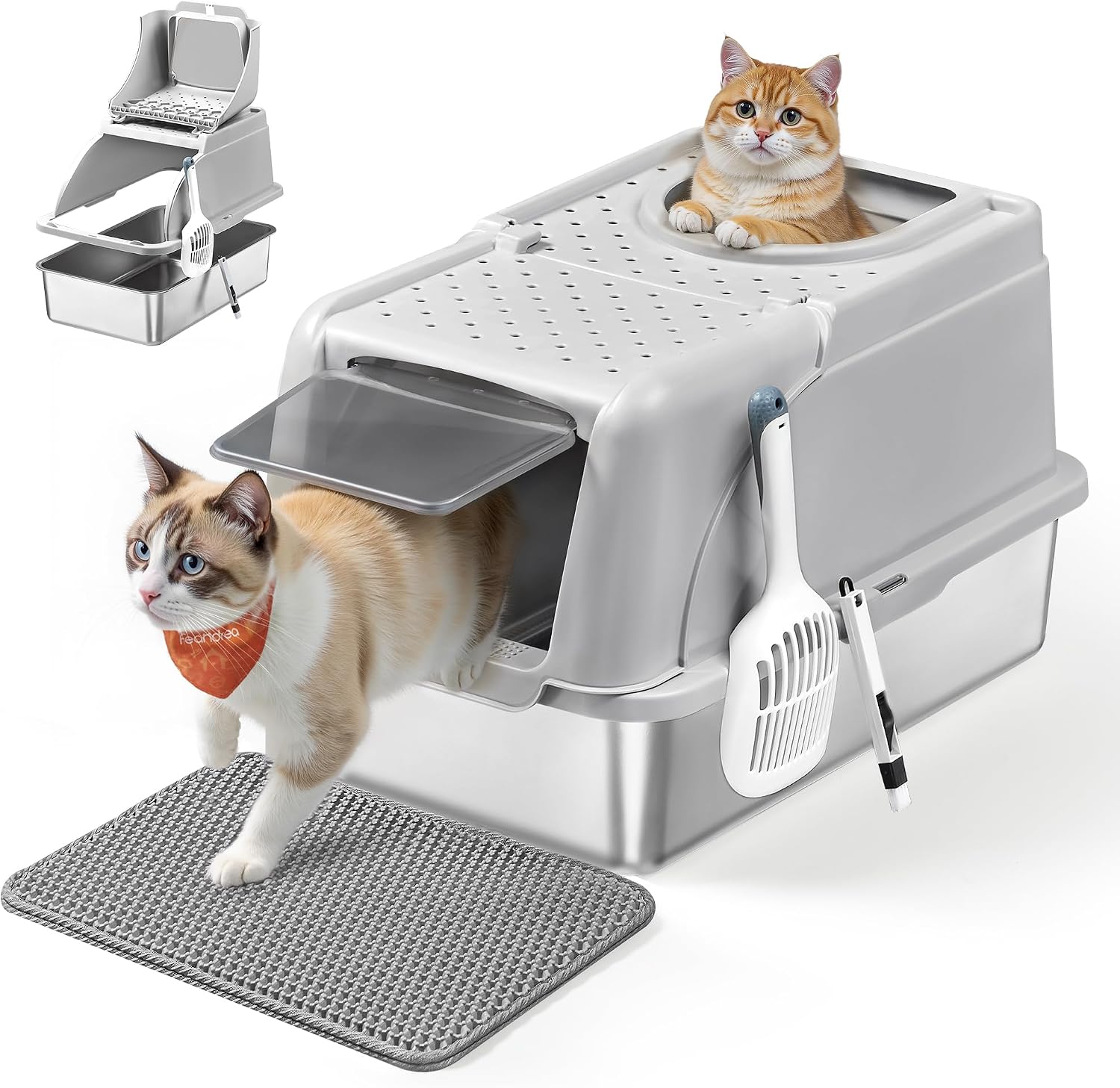 Feandrea Bac à Litière pour Chat en Acier Inoxydable – Grand modèle avec couvercle basculant et double entrée