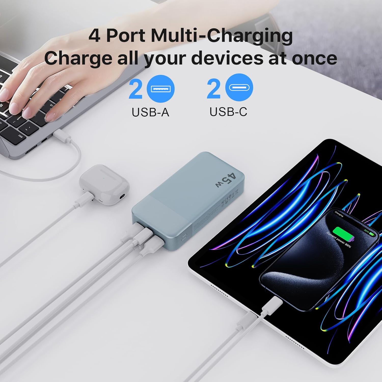 Detalle de NOBIS 45W Batterie Externe 20000mAh – Charge rapide, 4 ports USB (2× USB-C I/O, 2× USB-A) et affichage numérique