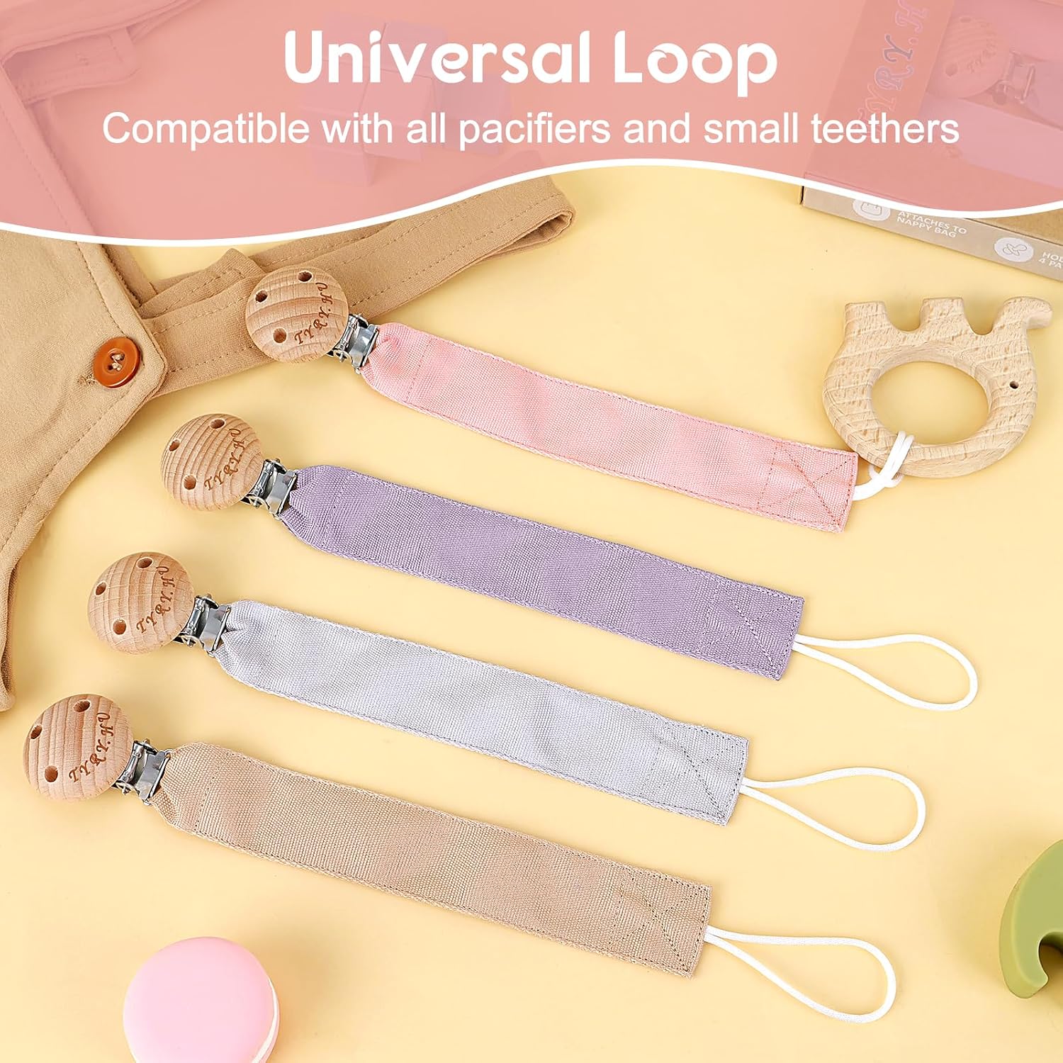 Detalle de TYRY.HU 4-Pack Handmade Fabric Dummy Clip & Pacifier Chain Holder (Unisex, Fits Most Pacifiers)