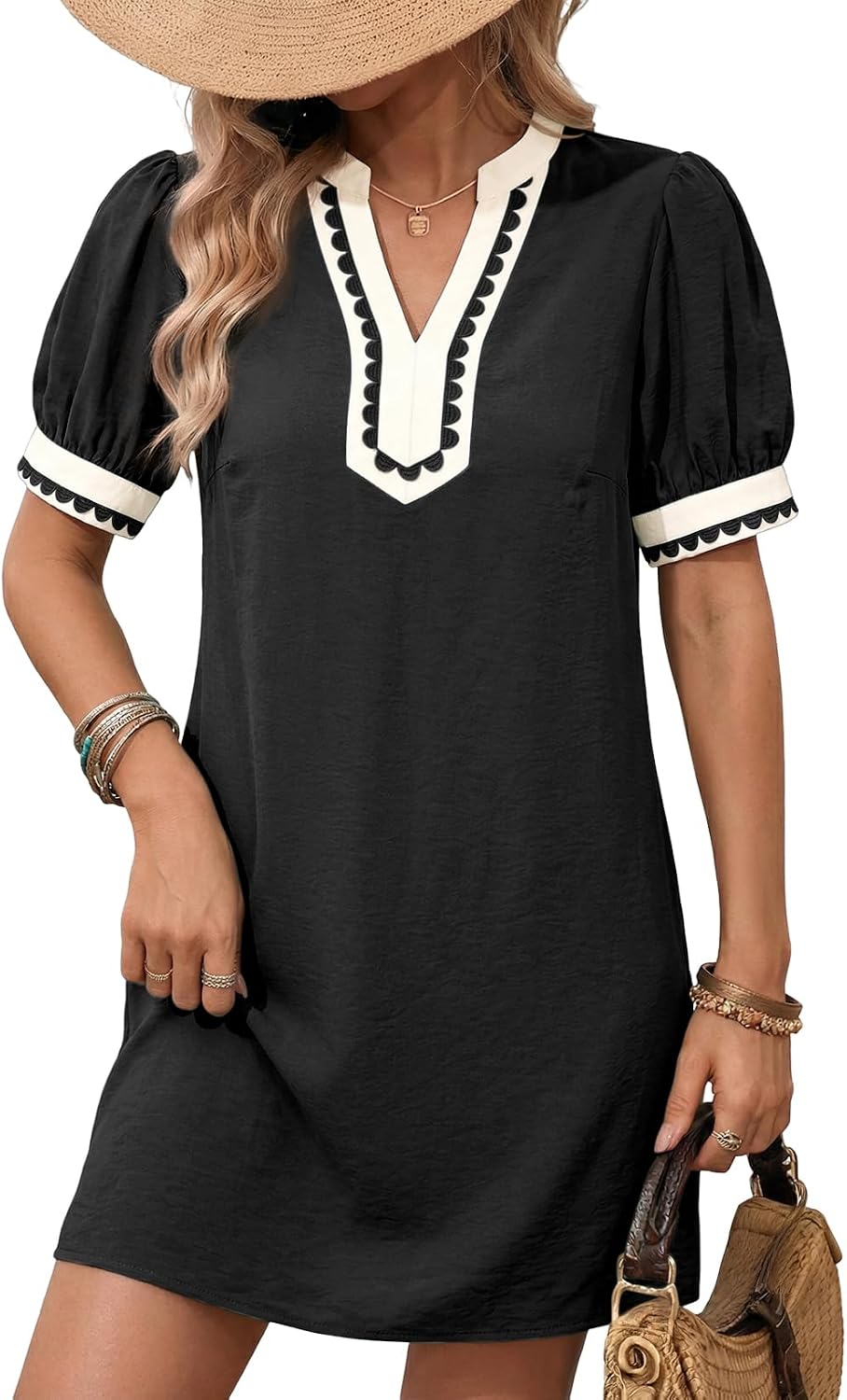 Detalle de Dokotoo Summer Dresses for Women 2026 Boho Floral Puff Short Sleeve V Neck Mini Dress