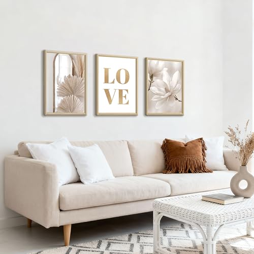 Detalle de 3 Pcs Boho Amor Beige en Lona con Marco – Cuadros Decoración Modernos (40x60 cm) FajerminArt