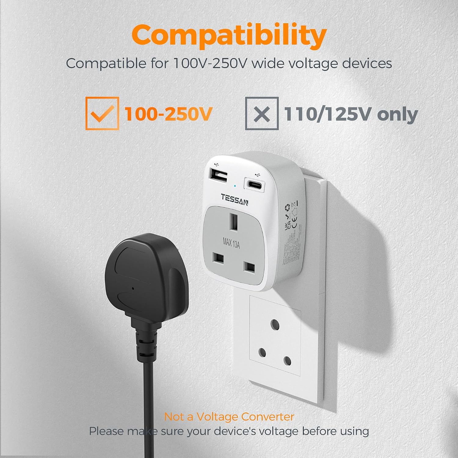 Detalle 2 de TESSAN UK to India Plug Adapter 2-pack with USB-A and USB-C 🔌