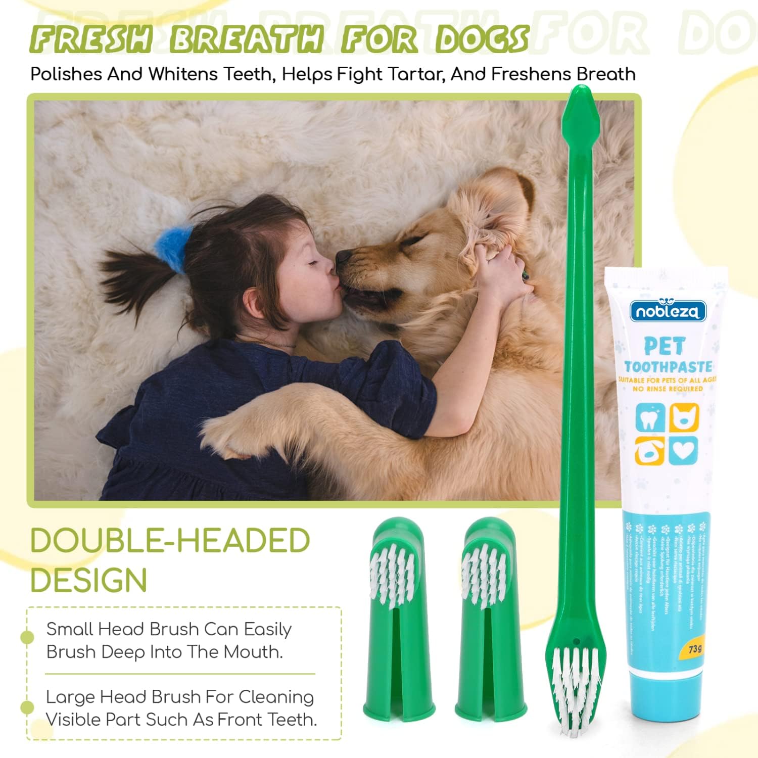 Detalle 2 de Nobleza Set Dentaire pour Chien — Brosse à Dents Double Face, Dentifrice Antitartre & Accessoires (73 g, 2 Doigtier)