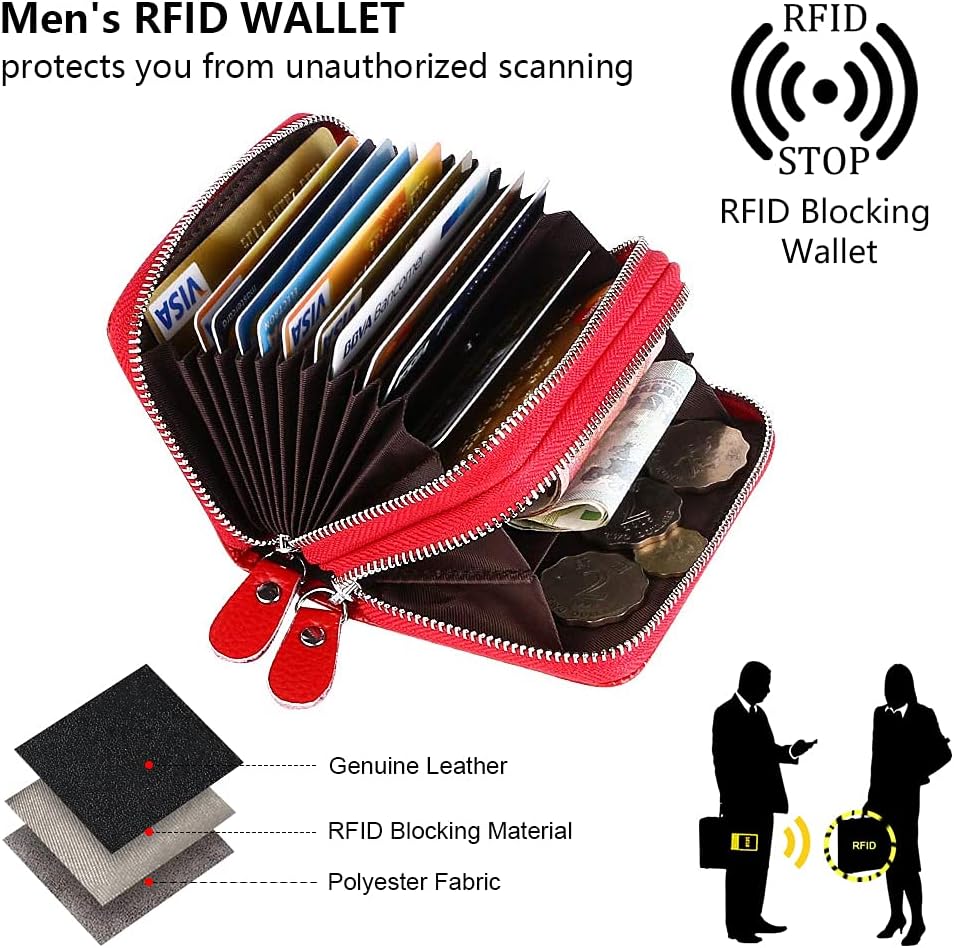 Detalle 2 de Flintronic Porta Carte di Credito in Pelle RFID – Rosso, con Cerniera, 14 Spazi