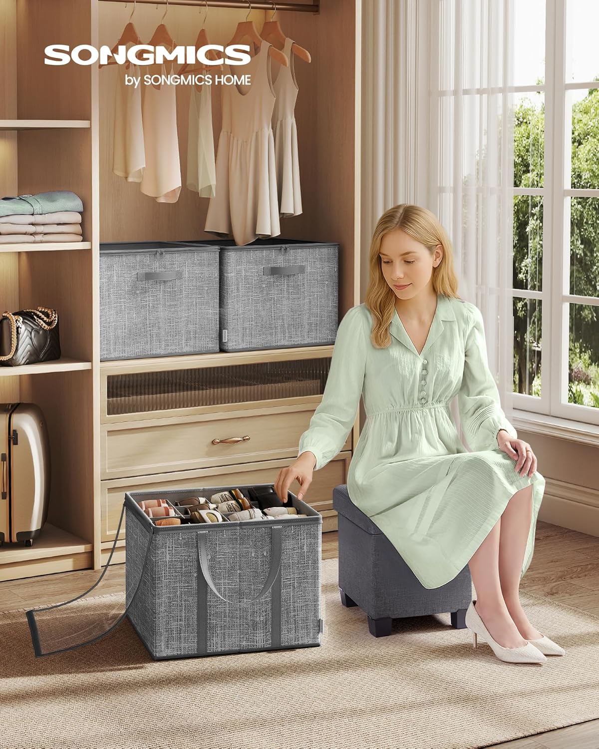 Detalle 2 de SONGMICS Scatola organizer per scarpe fino a 16 paia LSP601G01 con coperchio trasparente grigio giunco