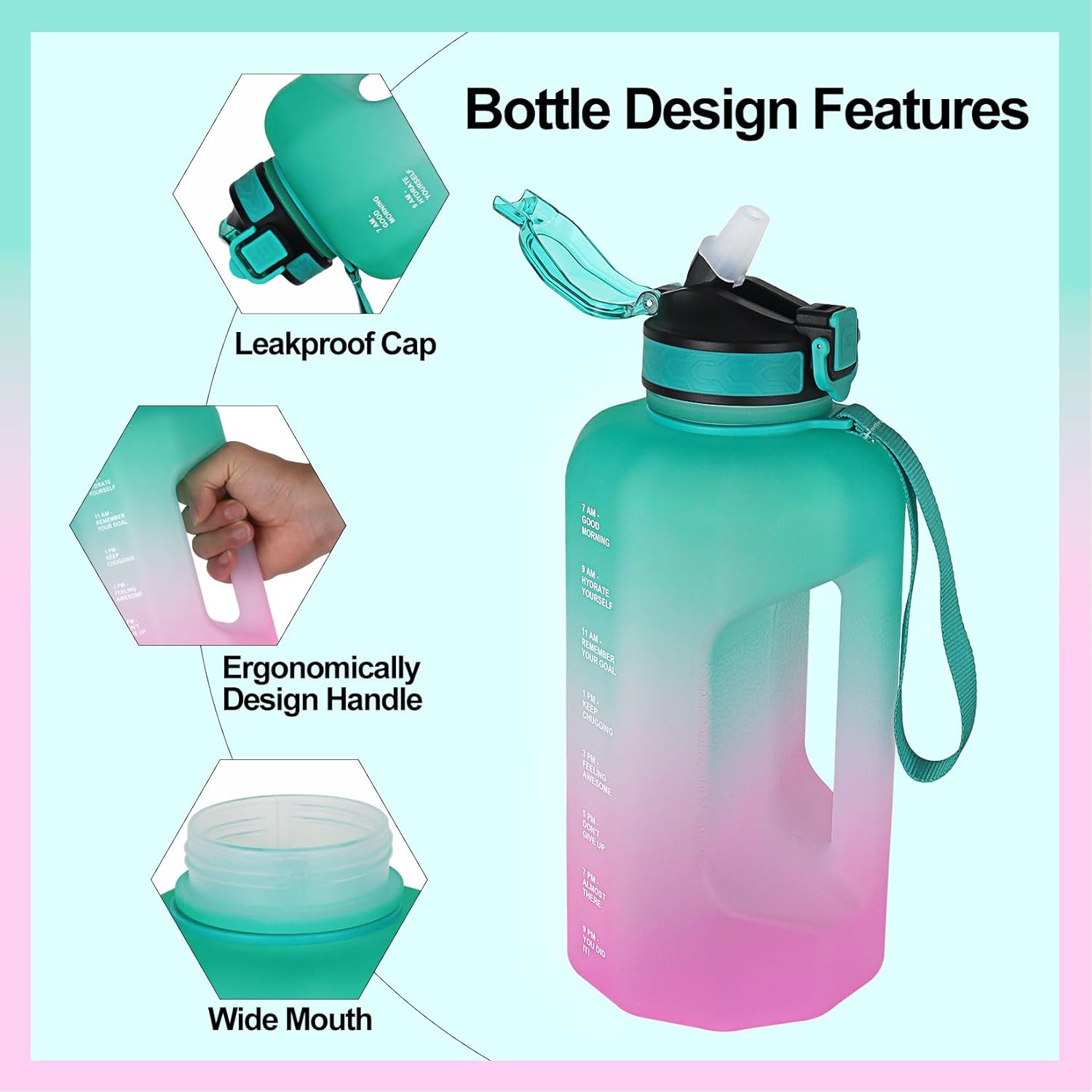 Thumbnail 3 de GLEKGLEK 2.2 Litre Water Bottle with Straw, Time Markings & Handle (BPA Free) – Leakproof Sport Jug, Green Pink