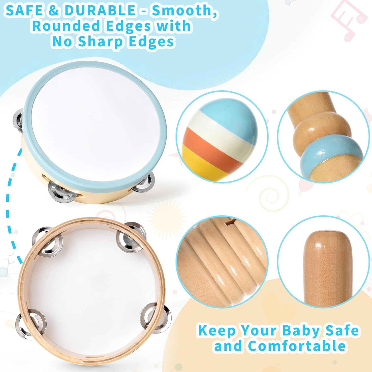 Detalle de Kids Musical Instruments: 6-in-1 Montessori Wooden Percussion Set for Toddlers (12–18M+), Boho xylophone, drums and more