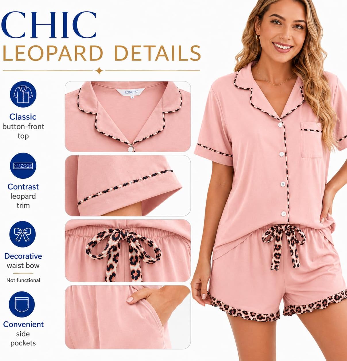Detalle de RONGTAI AJ428D000 Women's Pajama Set with Button-Down Top, Shorts and Side Pockets