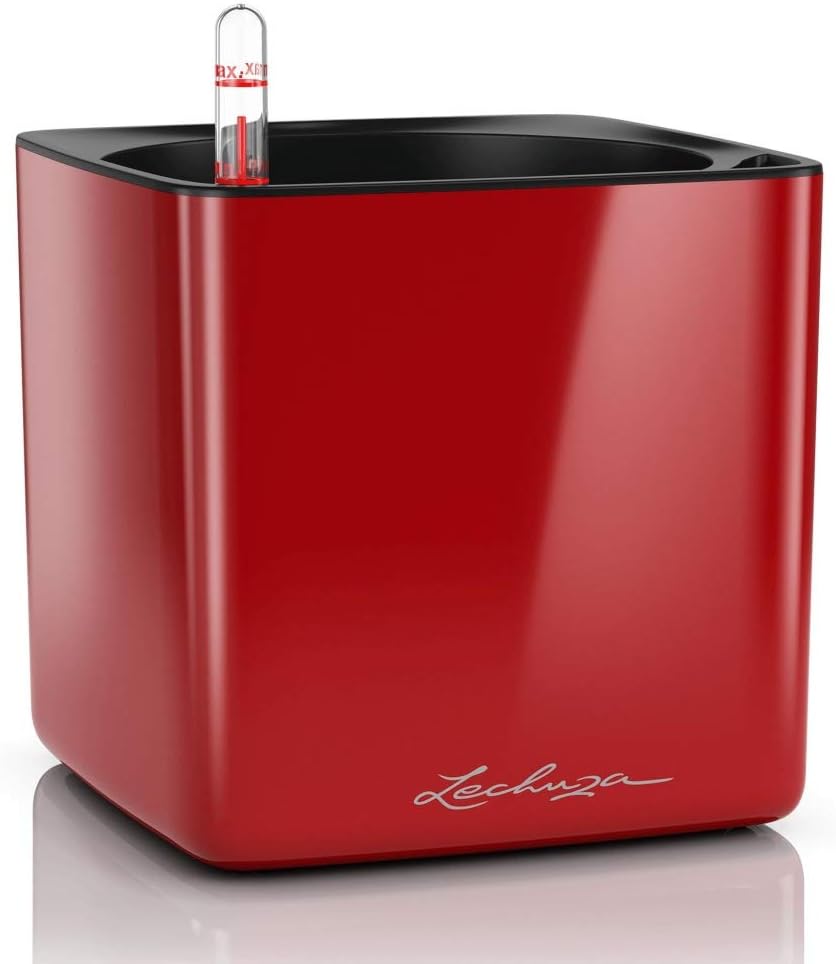 Detalle de LECHUZA CUBE Glossy 16 Rosso Scarlatto High Gloss 13522: stile e irrigazione integrata per piante da interno