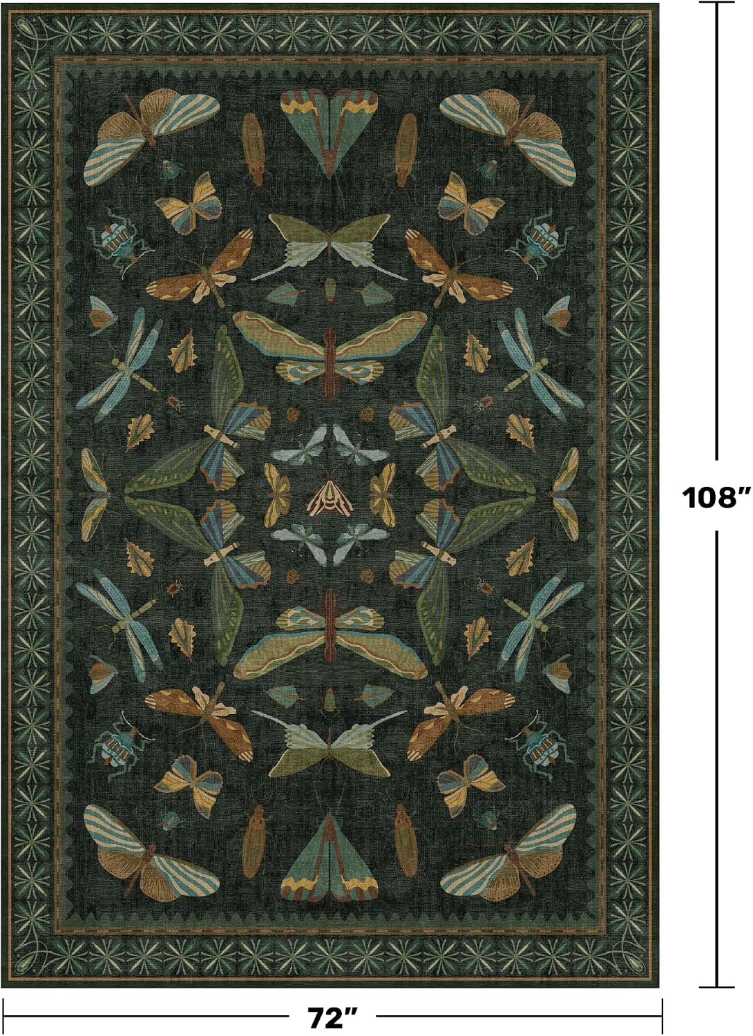 Detalle de 6x9 Dark Green Area Rug with Insect Floral Design — Non-Slip, Low-Pile for Dining, Living, and Bedrooms
