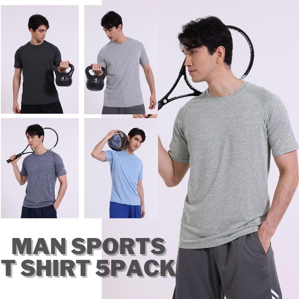 Thumbnail 1 de FOVDtaa 5 Pack Mens Short Sleeve Crew Neck Gym T Shirt – Breathable Polyester Workout Tops