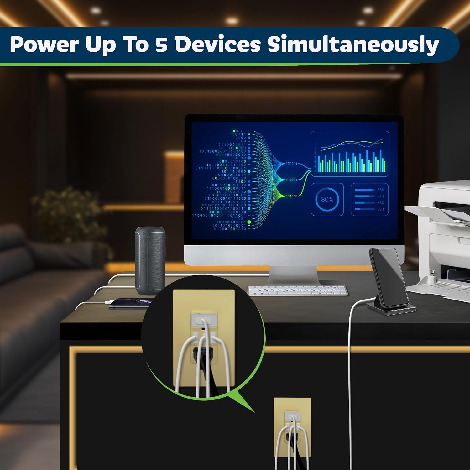 Detalle de TOPGREENER TU22036AC3-GDWSI 3-Port USB-C & USB Wall Outlet (20 Amp, Tamper-Resistant) with Gold Faceplate