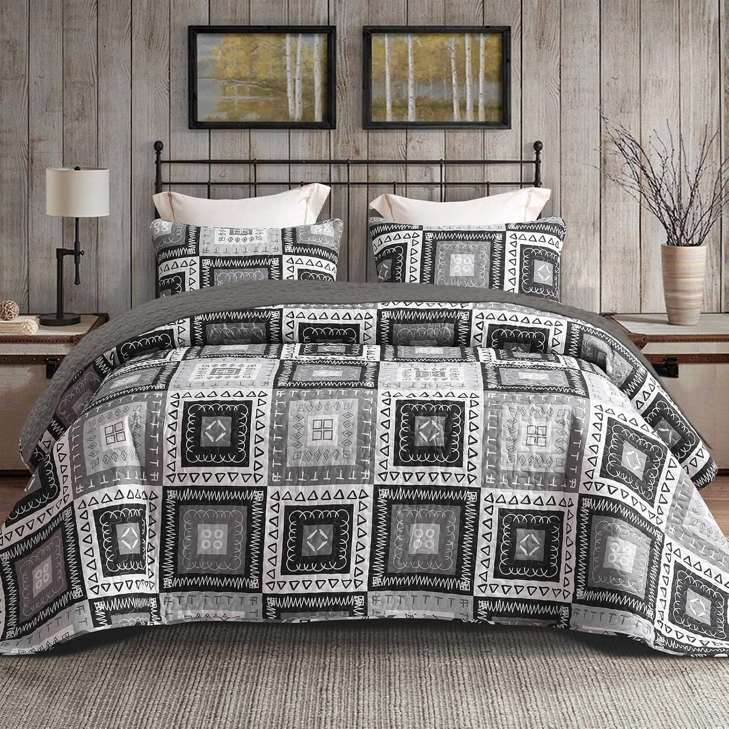 Detalle de Exclusivo Mezcla Quilt13-EBLACK-Q Reversible Queen Quilt Set, Black Patchwork