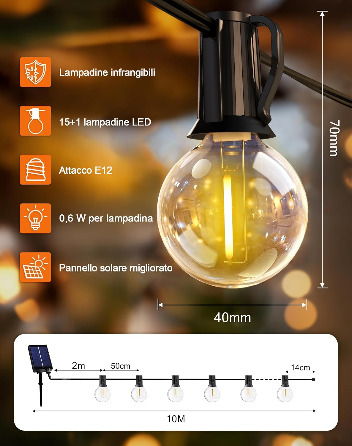 Thumbnail 6 de Qxmcov Catena Luminosa Esterno Solare 10 m con 15+1 LED G40, IP44, Telecomando