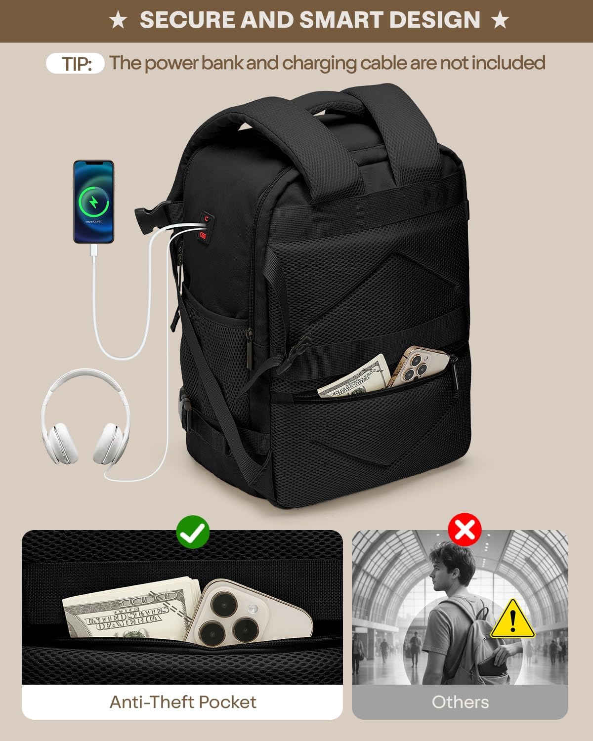 Thumbnail 4 de ZHXX Ryanair Handgepäck 40x30x20 cm – kompakter Kabinenrucksack mit 14 Zoll Laptopfach und Diebstahlsicherung