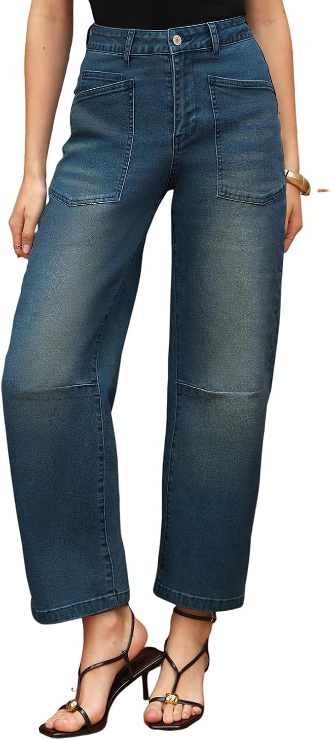 Detalle de EVALESS Barrel-Leg Jeans, High-Waisted Stretch Denim, Relaxed Cropped Fit