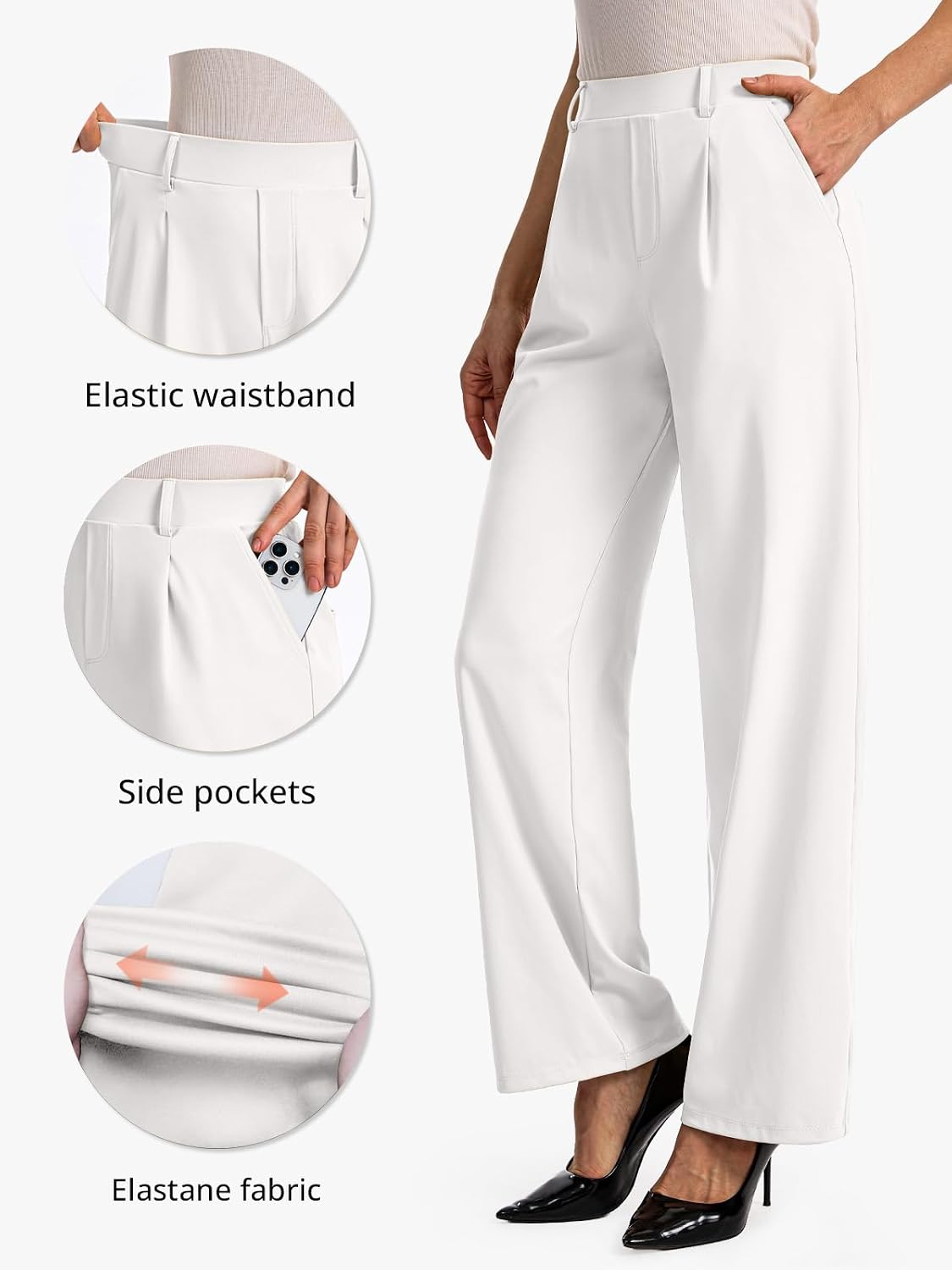 Detalle 2 de Feiersi Wide-Leg Work Pants, High-Waisted Pull-On Stretch Trousers with Pockets