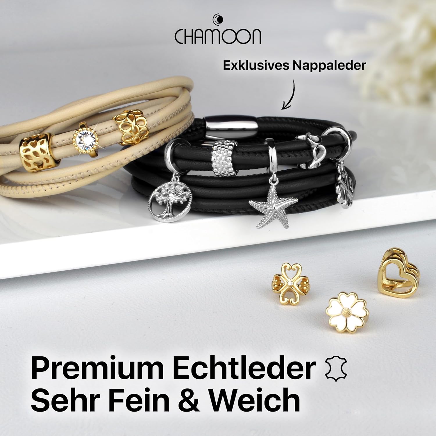 Detalle de CHAMOON Premium Lederarmband für Damen mit Magnetverschluss & über 80 Charms, Nappaleder, TRIO Kollektion