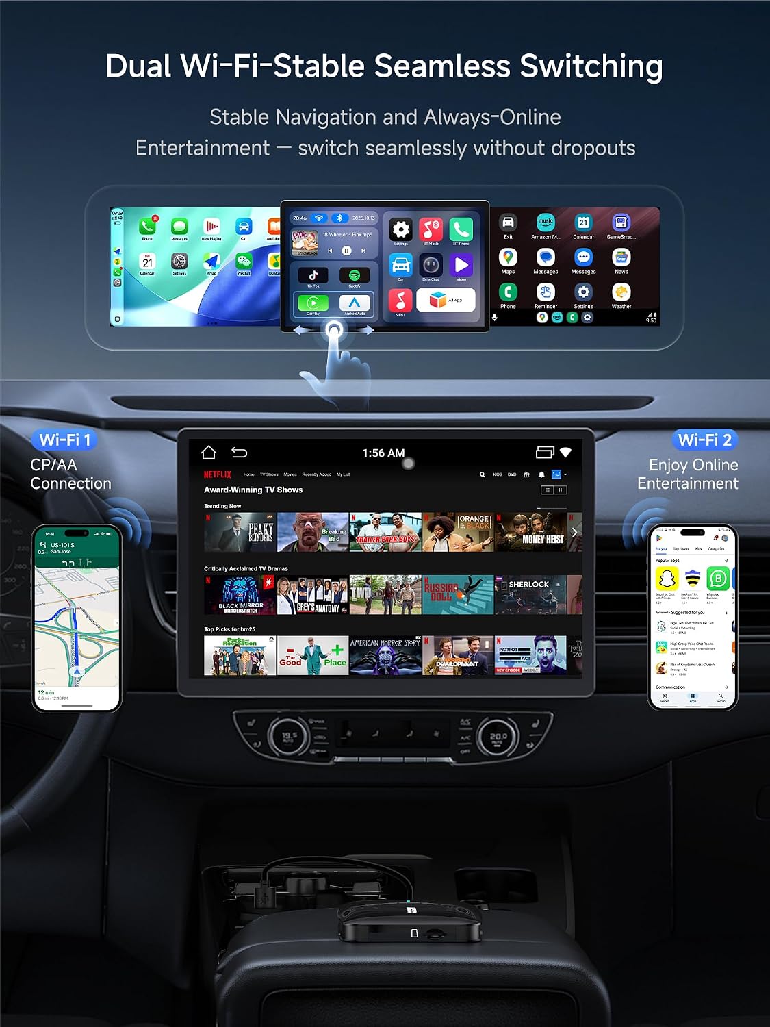 Detalle de MYATOTO Carplay Wireless Adapter with AI Box: 3-in-1 Wireless CarPlay & Android Auto, TF Card, and AI DriveChat