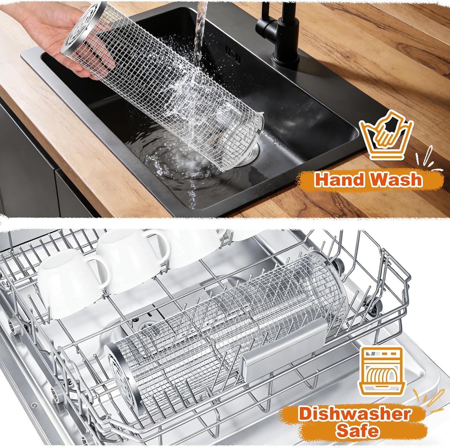 Detalle 2 de Ezilif 2PCS Rolling Grill Baskets – 304 Stainless Steel, with Detachable Wooden Handle and Nesting Net