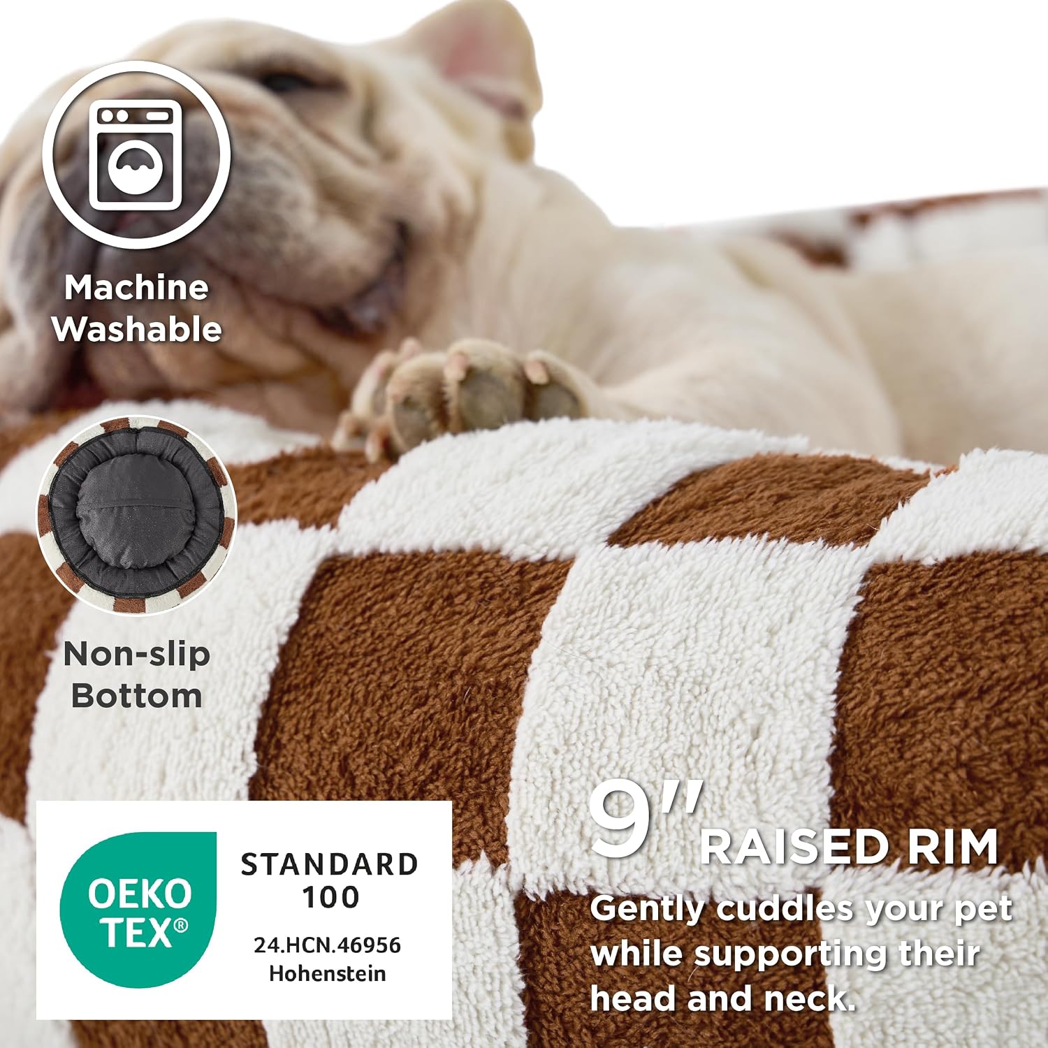 Detalle de LE SURE Extra Large Jacquard Donut Dog Bed, Brown Checks, 42 x 42 x 9 in