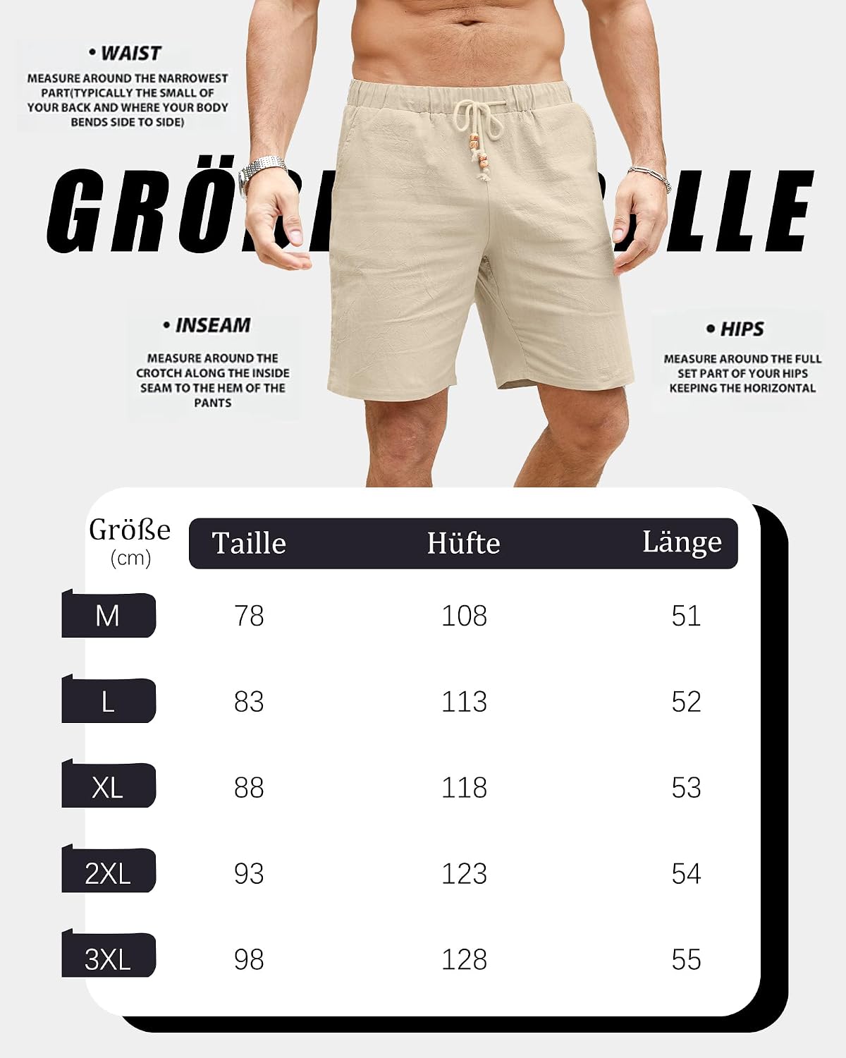 Detalle de LVCBL Herren Shorts aus Leinenmischung – kurze Sommerhose mit Taschen, elastischem Bund