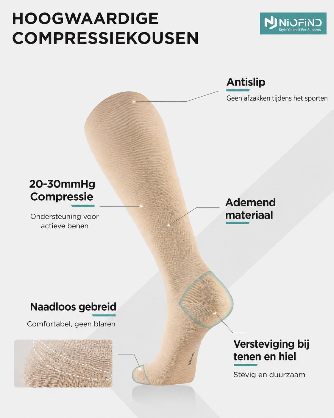 Detalle de Niofind compressiekousen, 2/4 paar, 20–30 mmHg, 65% katoen