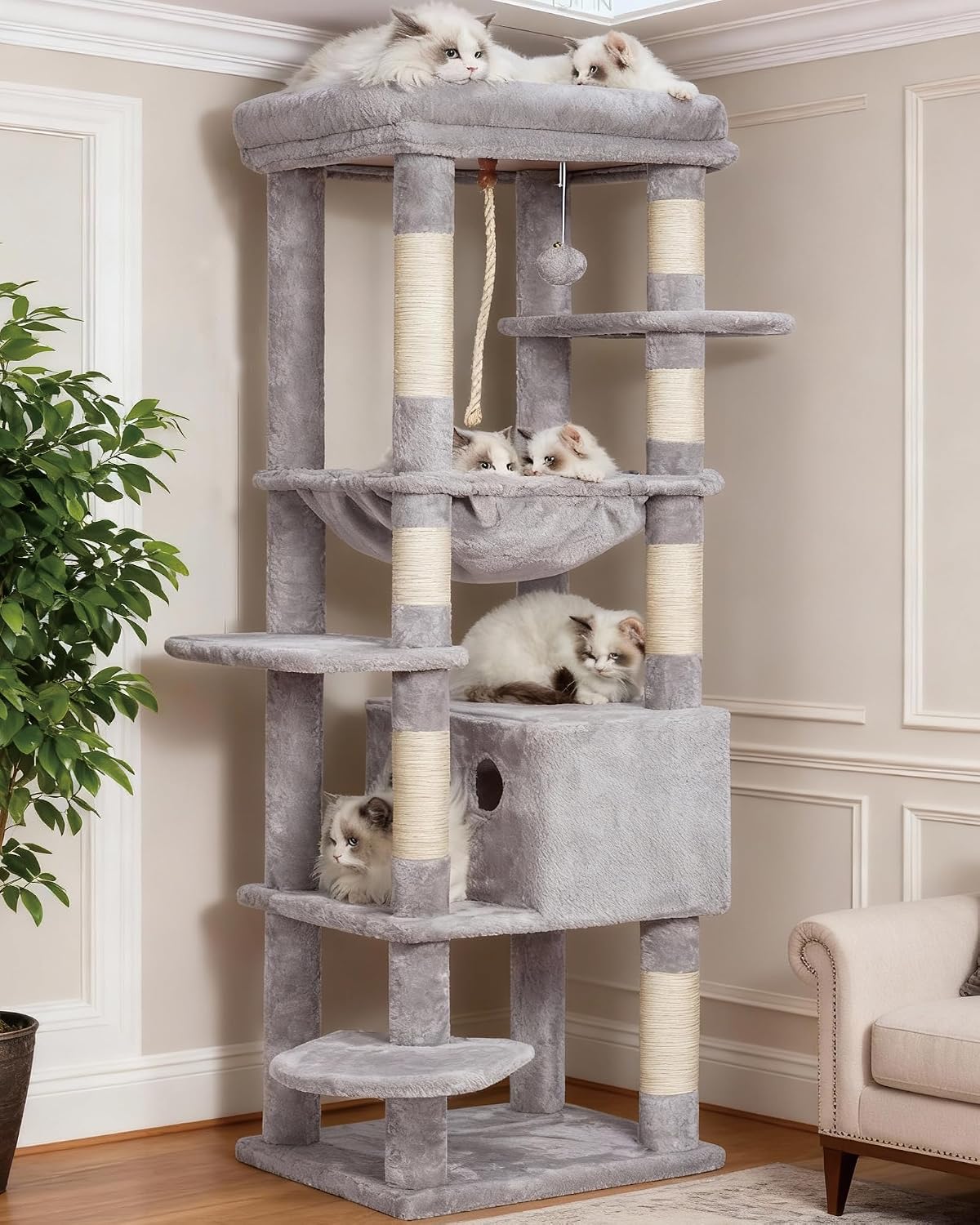 Detalle de Heybly Cat Tree for Large Cats Heavy Duty, 153cm XXL Cat Tower with Plush Perch, Cozy Basket and Large Condo